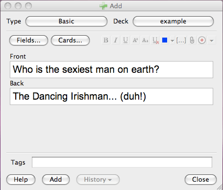 This is what making your own cards looks like.It's as simple as writing in what you want to be on the front of the card (the question) and what you want to be revealed on the back (the answer).