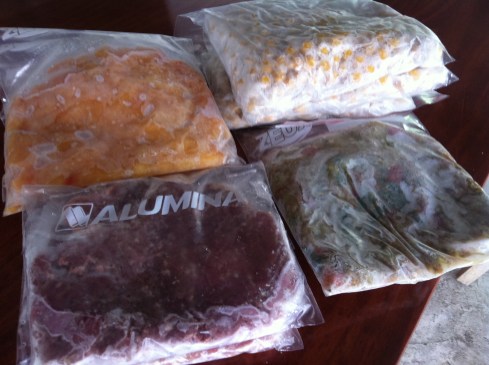 Just a little selection of the "ready-to-go" foods I keep in my freezer.  Clockwise from top-right: cooked chickpeas, cooked lentil and vegetable stew, raw minced beef and raw cubed chicken. I know how much of everything (cals, fat, protein, carbs) is in each Ziploc bag.